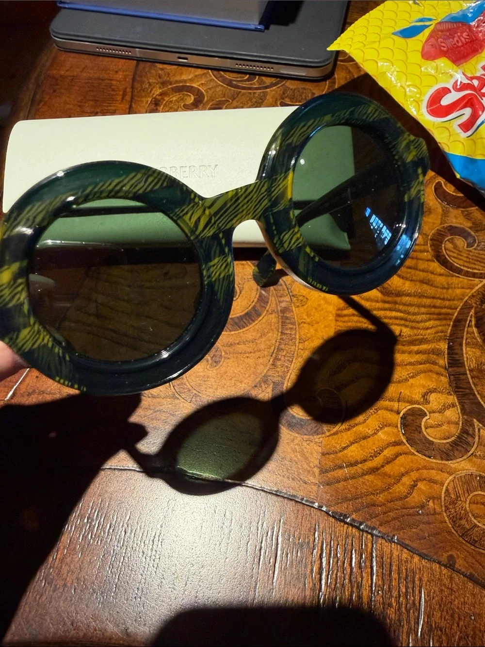 Burberry Round Plaid Sunglasses in Black and Olive Green